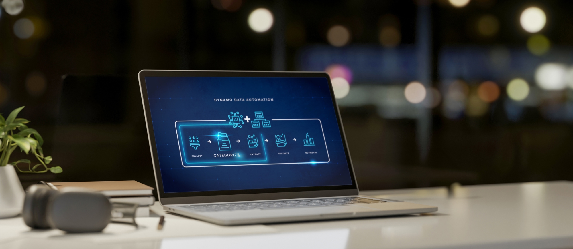 Laptop showing data automation infographic.