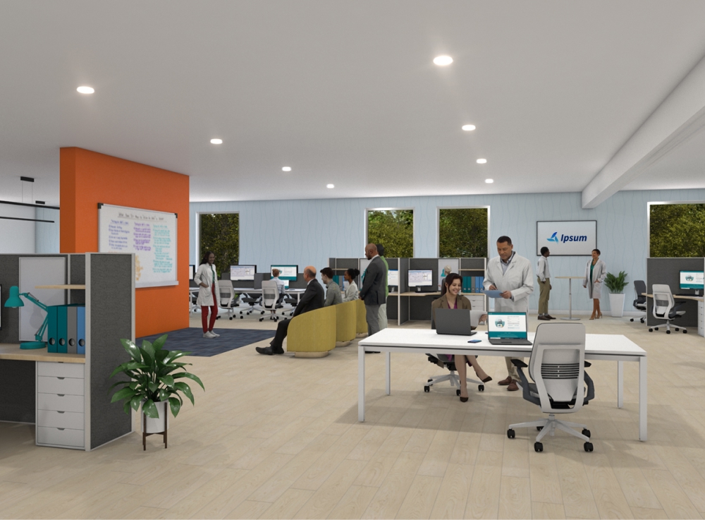 Presentation screen: 3D rendering of workspace interior.