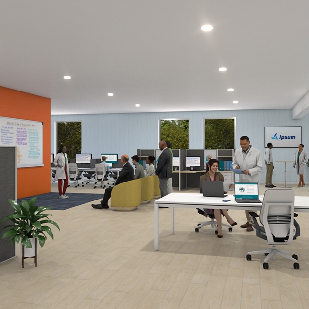 Presentation screen: 3D rendering of workspace interior.