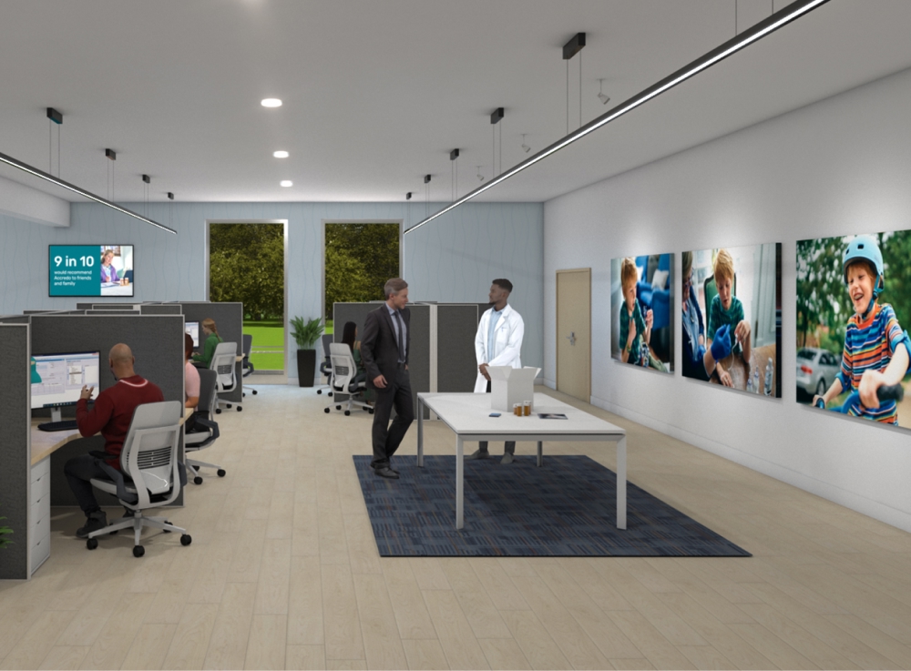 Presentation screen: 3D rendering of workspace interior.