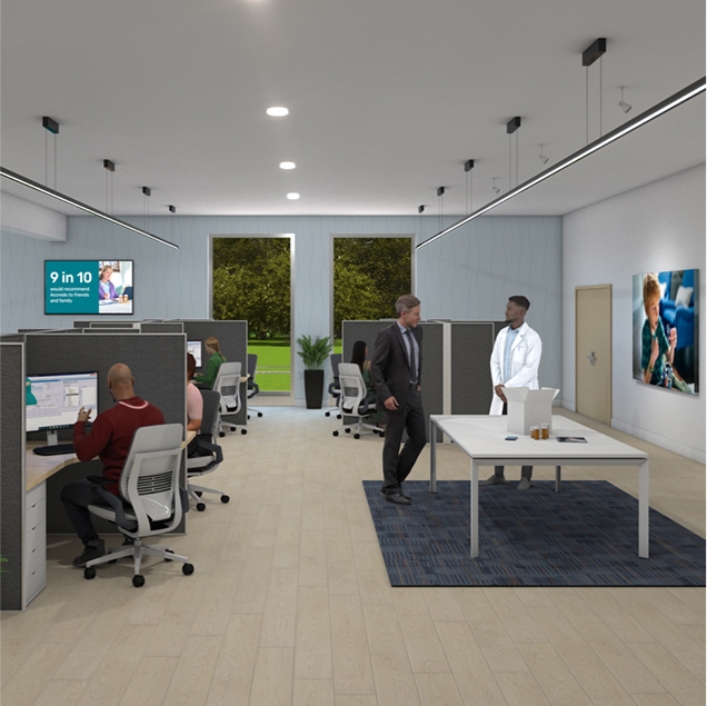 Presentation screen: 3D rendering of workspace interior.